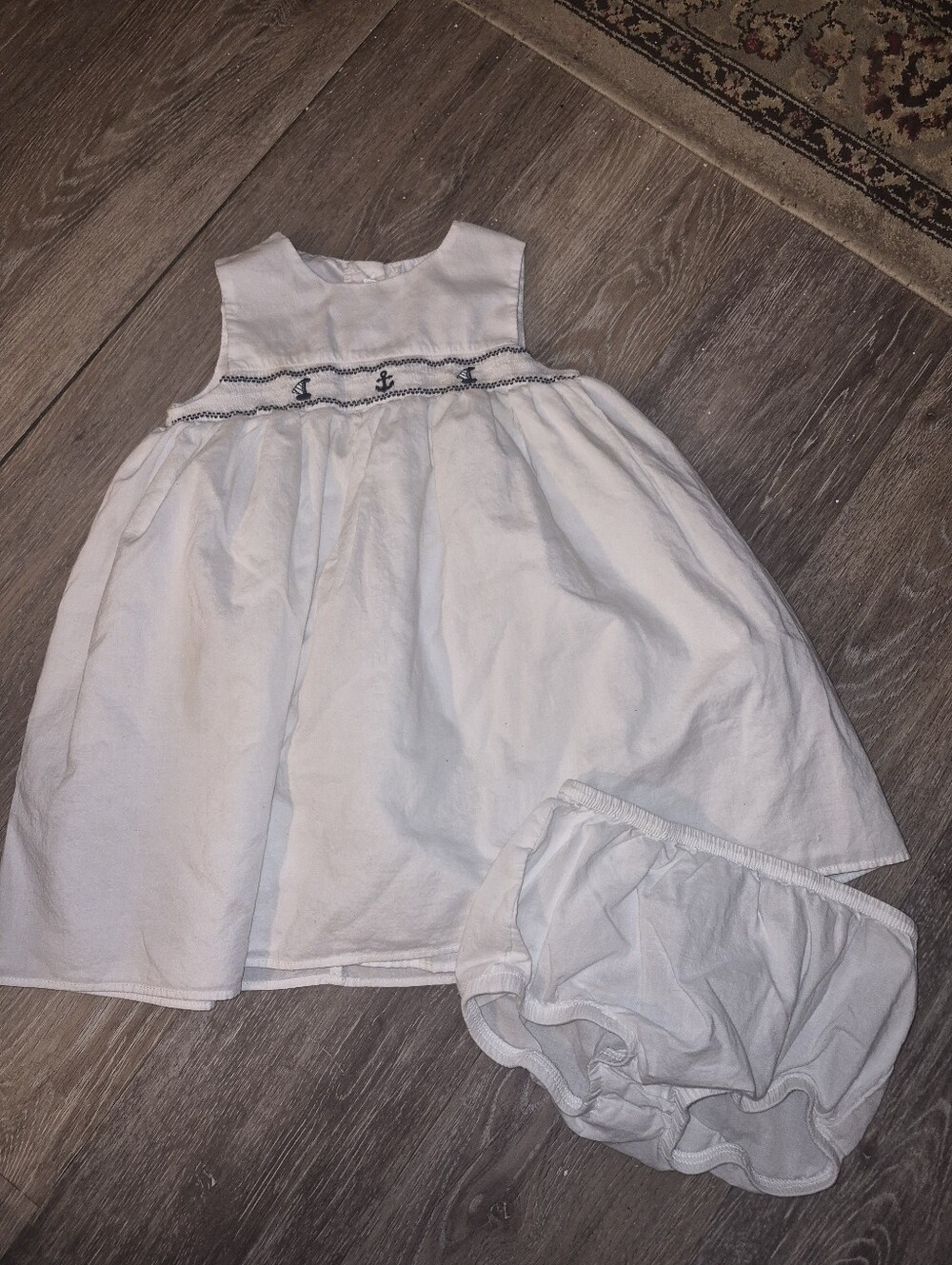 White Baby Girl Dress with Navy Smocking